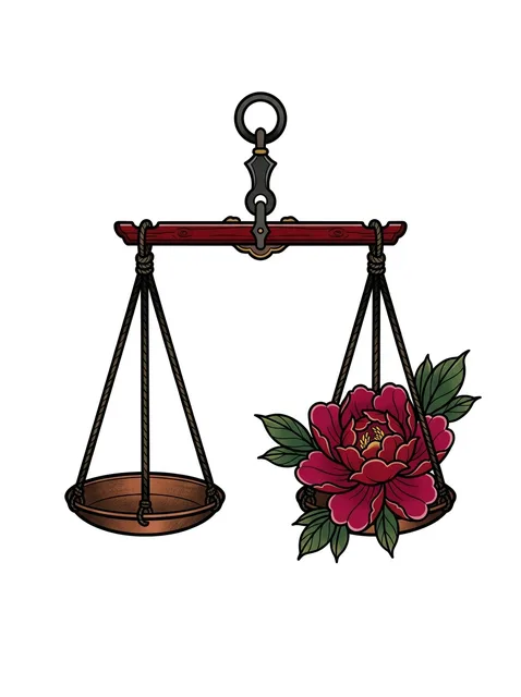 Color neo traditional libra and peony tattoo design