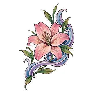 Color neo traditional lily and leaf tattoo design