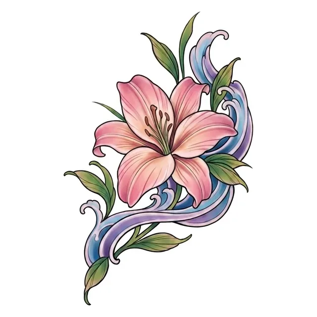 Color neo traditional lily and leaf tattoo design