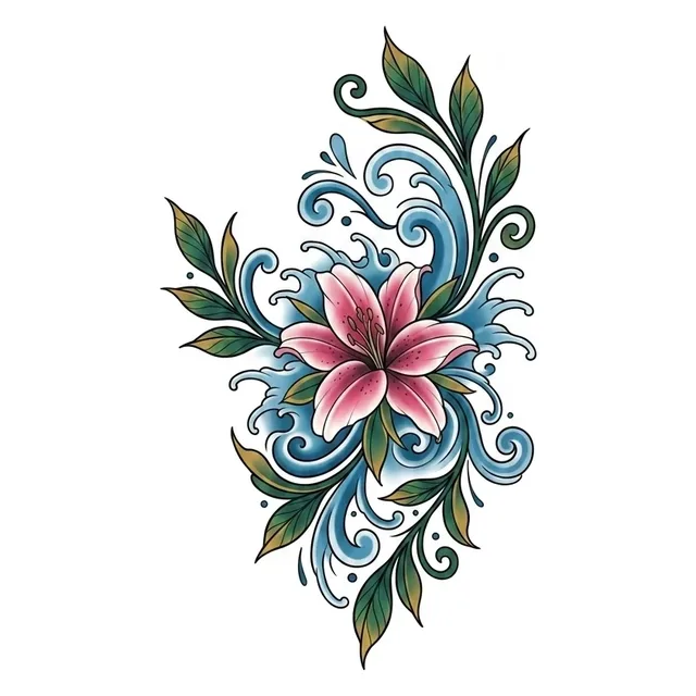 Color neo traditional lily and leaf tattoo design