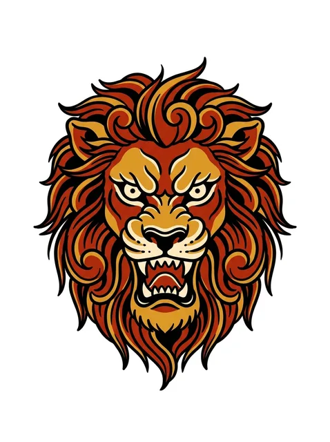 Color neo traditional lion tattoo design: a roaring lion's head
