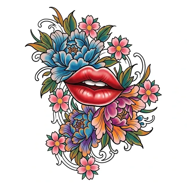 Color neo traditional peony and lips tattoo design