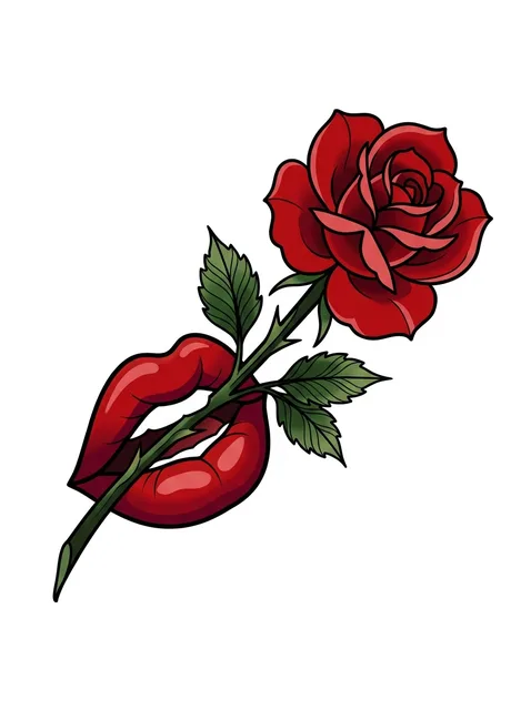 Color neo traditional rose and lips tattoo design