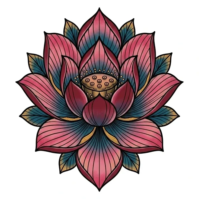 neo traditional Lotus tattoo design, in colour