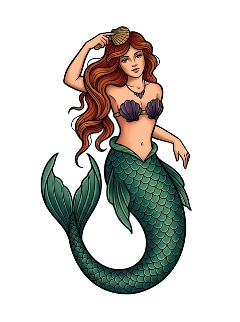 Color neo traditional mermaid tattoo design