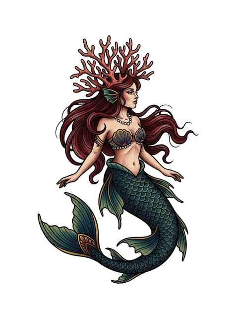 Color neo traditional mermaid tattoo design