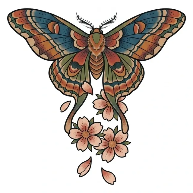 Color neo traditional moth and flower tattoo design