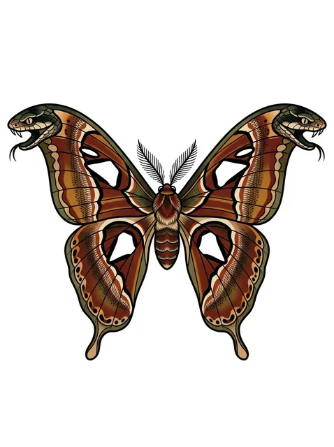 Color neo traditional moth and snake tattoo design