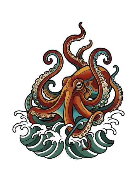 Color neo traditional ocean and octopus tattoo design