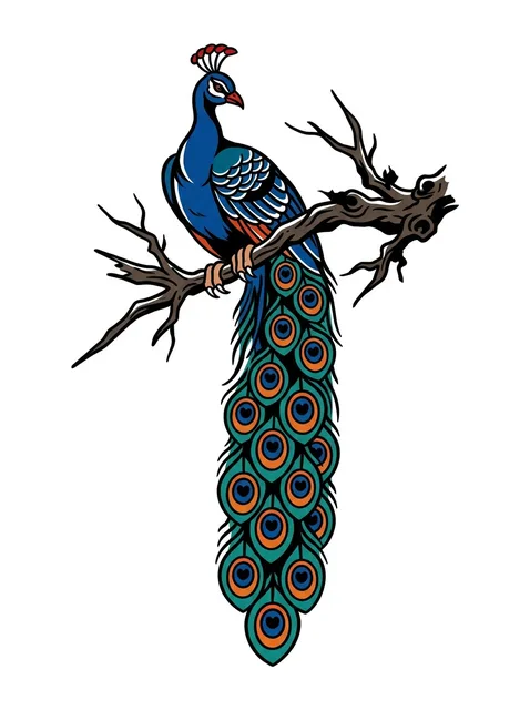 Color neo traditional peacock and bird tattoo design