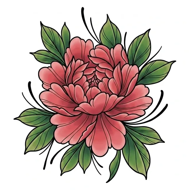 Color neo traditional peony and leaf tattoo design: a lush pink peony with green leaves