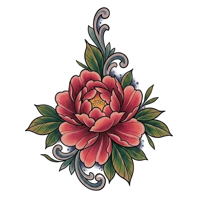 Color neo traditional peony and leaf tattoo design: a yellow center, surrounded by deep green leaves