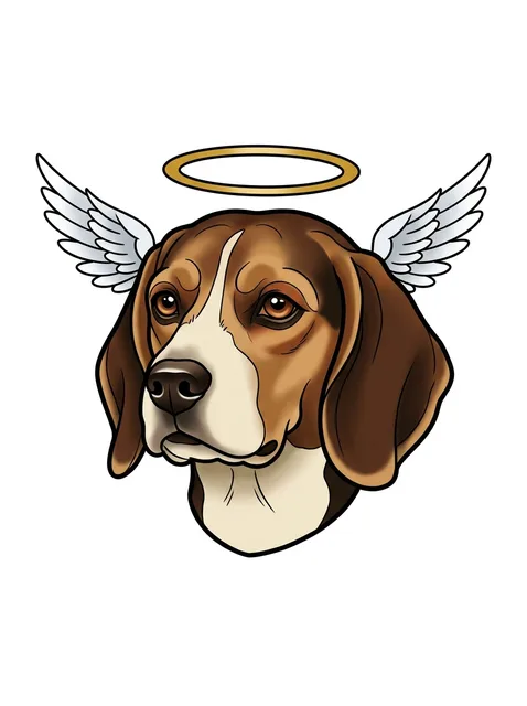 Color neo traditional pet portrait and dog tattoo design: a beagle's head in brown, tan and white