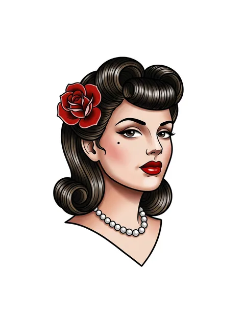 Color neo traditional pin up and rose tattoo design