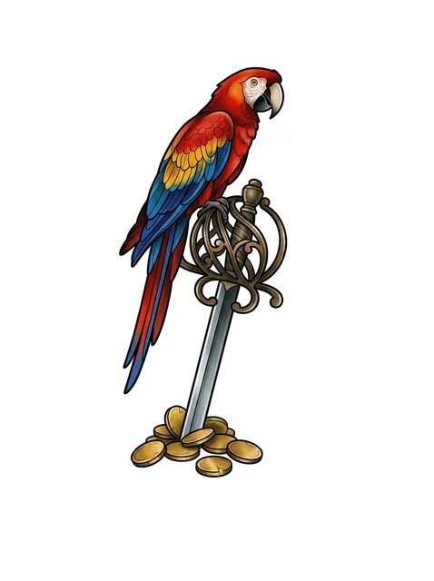 Color neo traditional pirate and parrot tattoo design