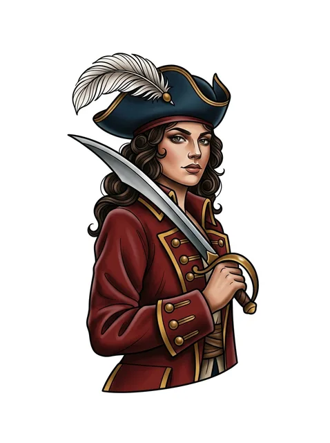 Color neo traditional pirate and woman portrait tattoo design