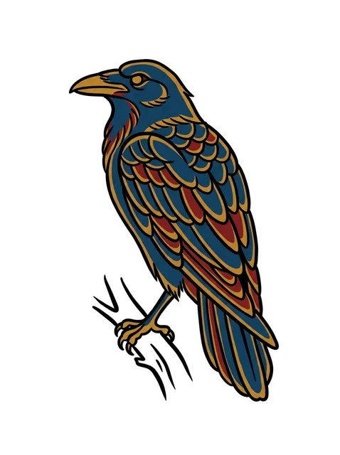 Color neo traditional bird and raven tattoo design: a raven perched on a branch