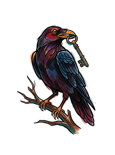 Color neo traditional bird and raven tattoo design