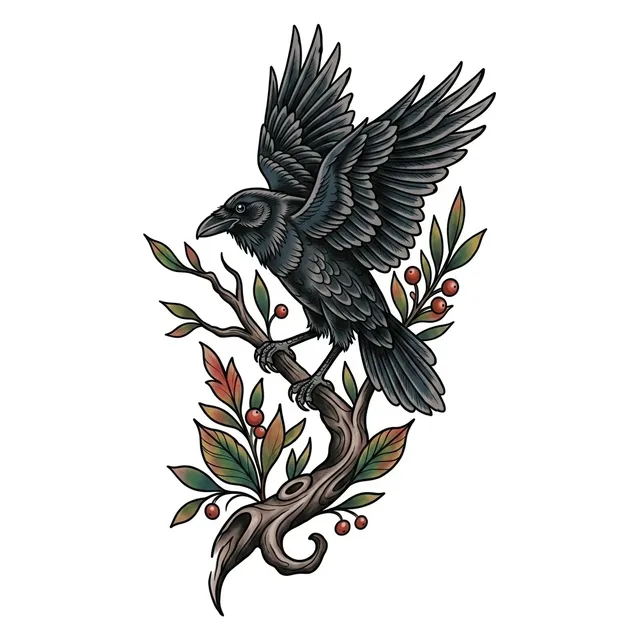 neo traditional Raven tattoo design, in colour