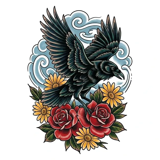 neo traditional Raven tattoo design, in colour