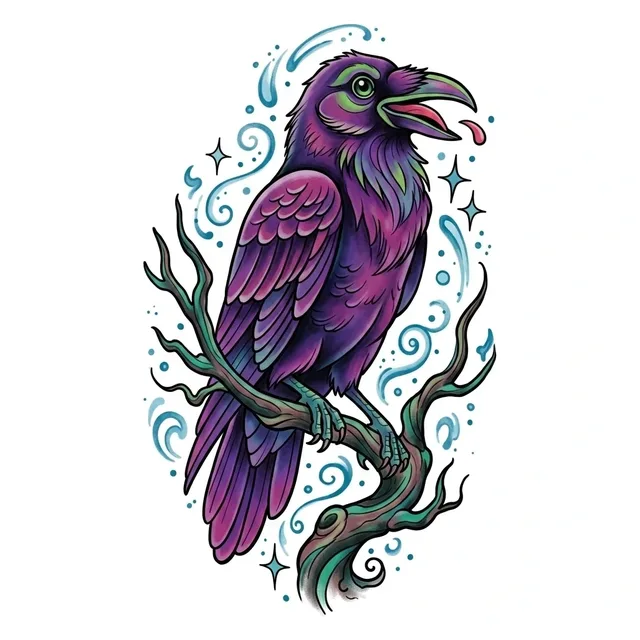 neo traditional Raven tattoo design, in colour