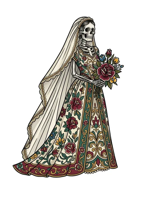 Color neo traditional skeleton and santa muerte tattoo design