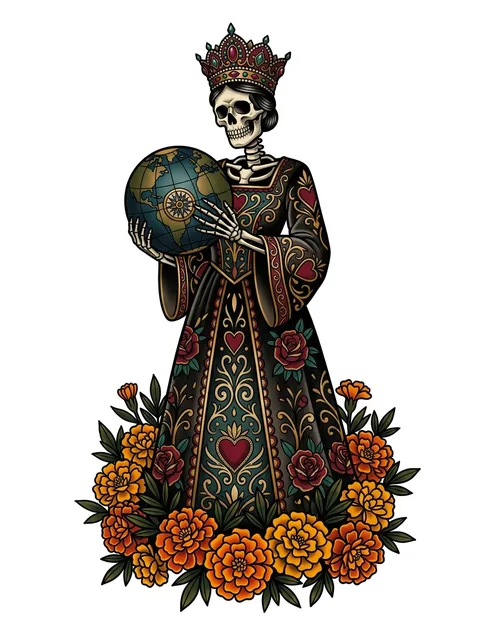 Color neo traditional crown and santa muerte tattoo design