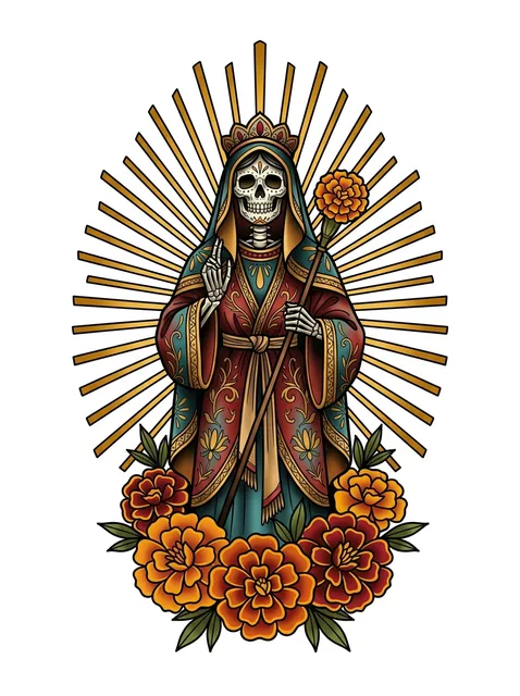 Color neo traditional santa muerte and skull tattoo design