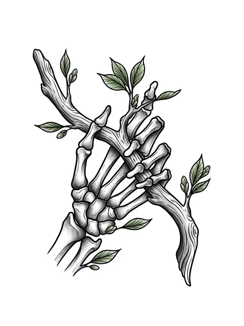Color neo traditional skeleton hand and leaf tattoo design