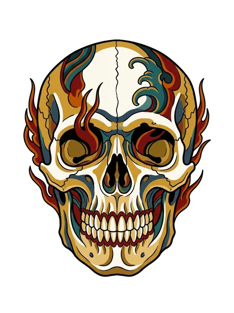 Color neo traditional skull and fire tattoo design