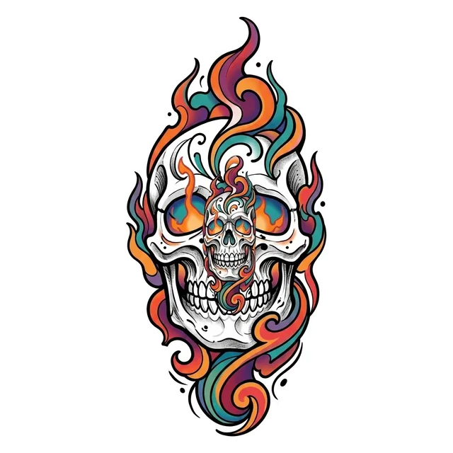 Color neo traditional fire and skull tattoo design