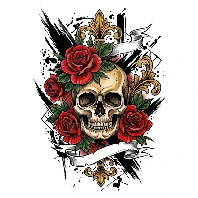 neo traditional Skull tattoo design, in colour