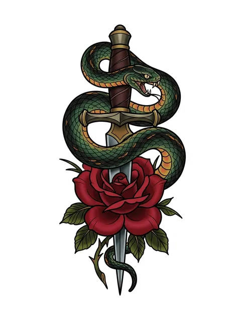 Color neo traditional snake and dagger and rose tattoo design