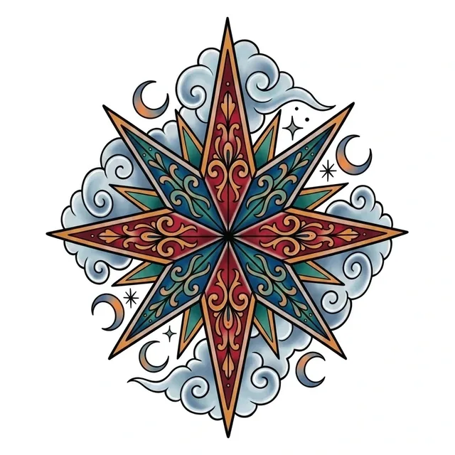 Color neo traditional cloud and star tattoo design