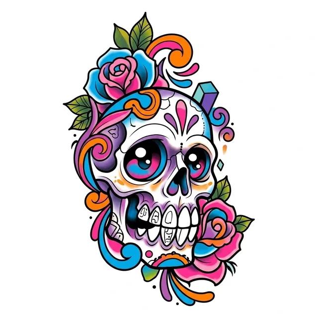 neo traditional sugar skull tattoo design, in colour