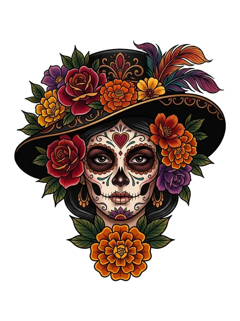Color neo traditional sugar skull and woman portrait tattoo design