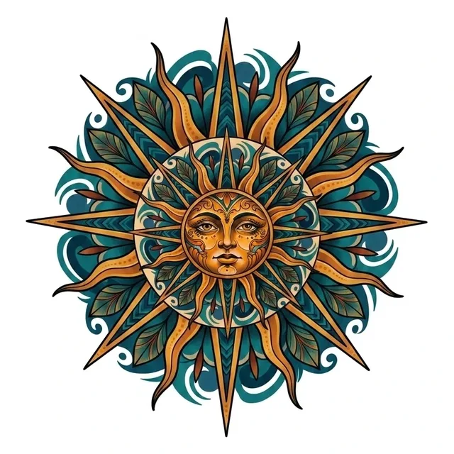 neo traditional Sun tattoo design, in colour