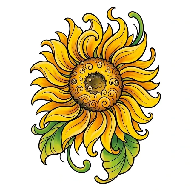 neo traditional Sunflower tattoo design, in colour