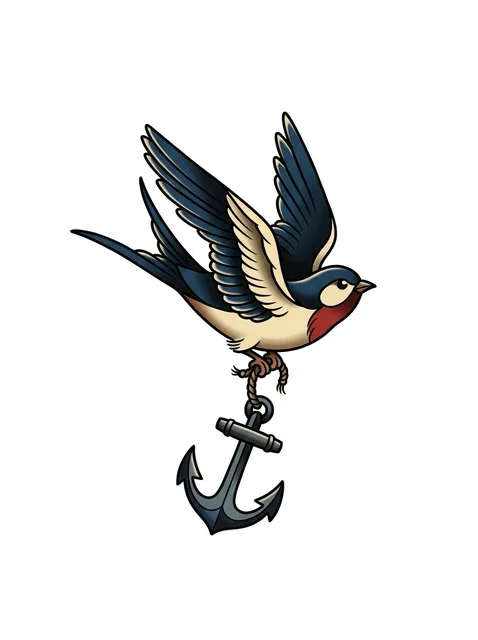 Tattoo-Vorlage mit einem Anker und einer Schwalbe, Stil: Neo Traditional, in Farbe