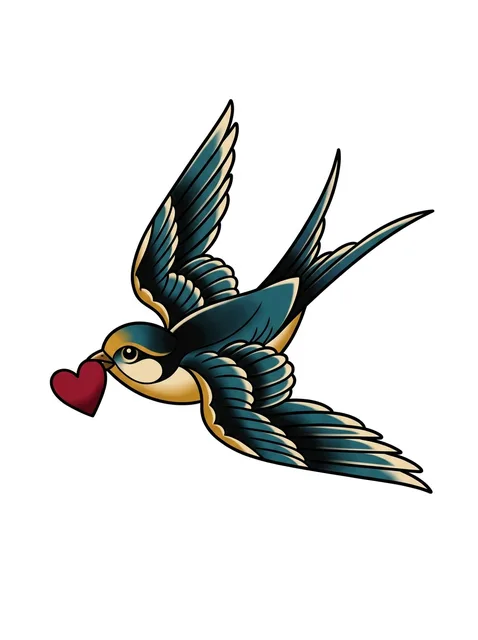 Color neo traditional heart and swallow tattoo design