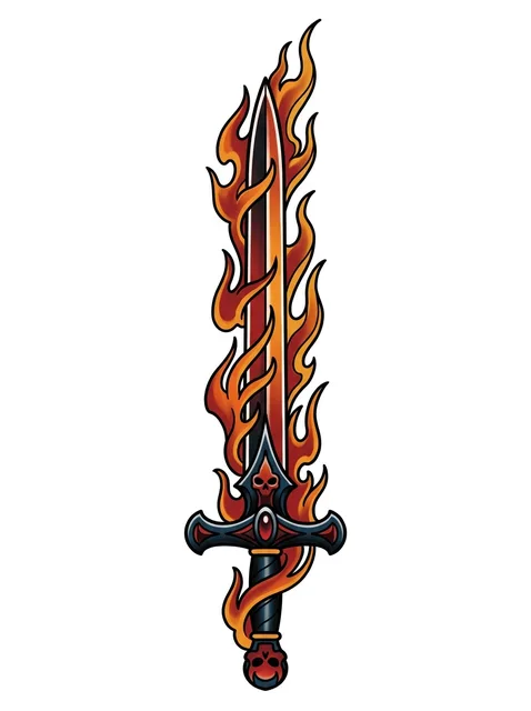 Color neo traditional fire and sword tattoo design