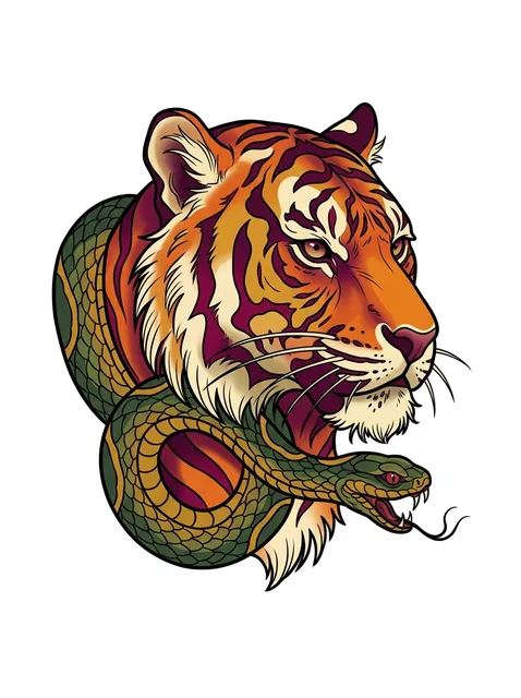 Color neo traditional snake and tiger tattoo design