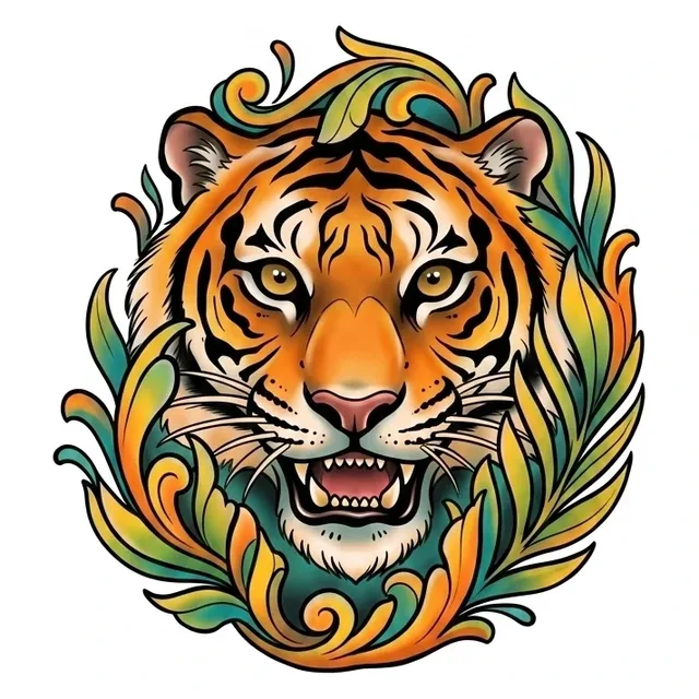 neo traditional Tiger tattoo design, in colour