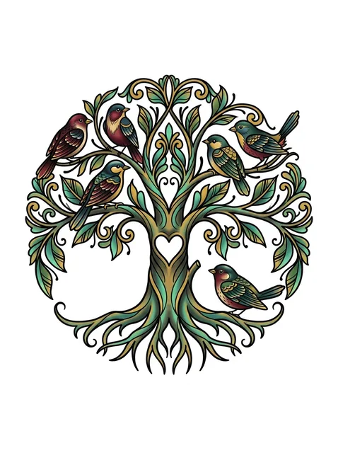 Color neo traditional bird and tree of life tattoo design