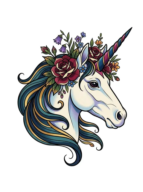 Color neo traditional unicorn and rose tattoo design: a striped horn and a teal and gold mane