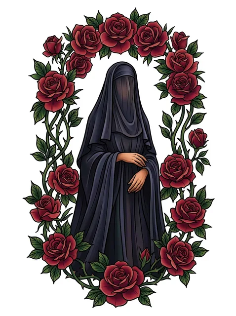 Color neo traditional virgin mary and woman portrait tattoo design: a veiled woman in dark robes