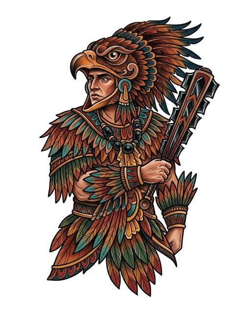Color neo traditional warrior and aztec tattoo design: the Aztec eagle order