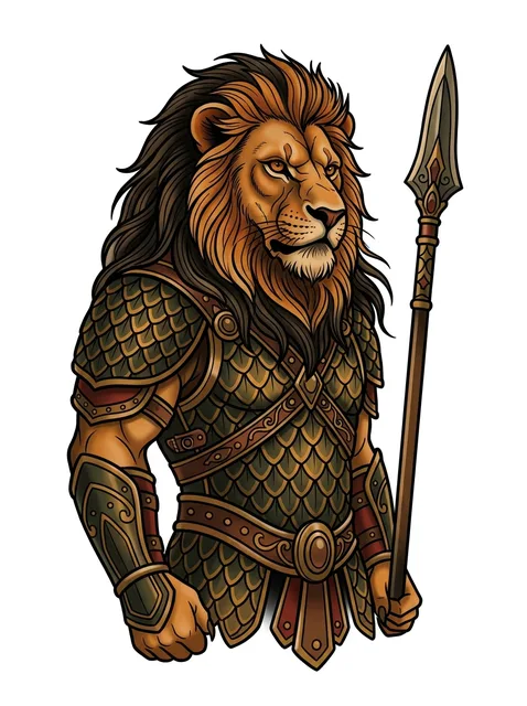 Color neo traditional warrior and lion tattoo design