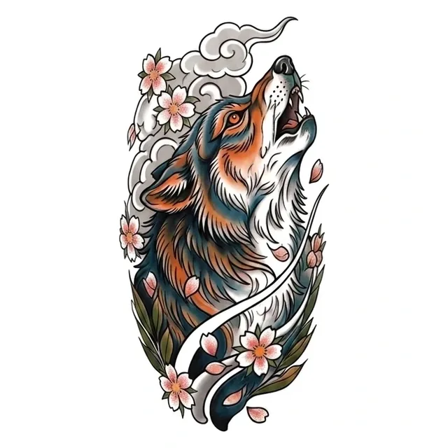 Color neo traditional cloud and wolf tattoo design: a howling wolf's head
