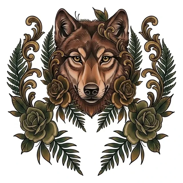 neo traditional Wolf tattoo design, in colour